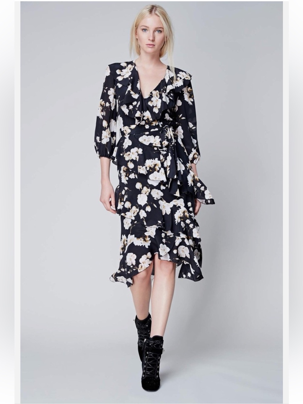 Alice + Olivia Kye Ruffle Floral Print Crepe Midi Dress - Picture 6 of 14